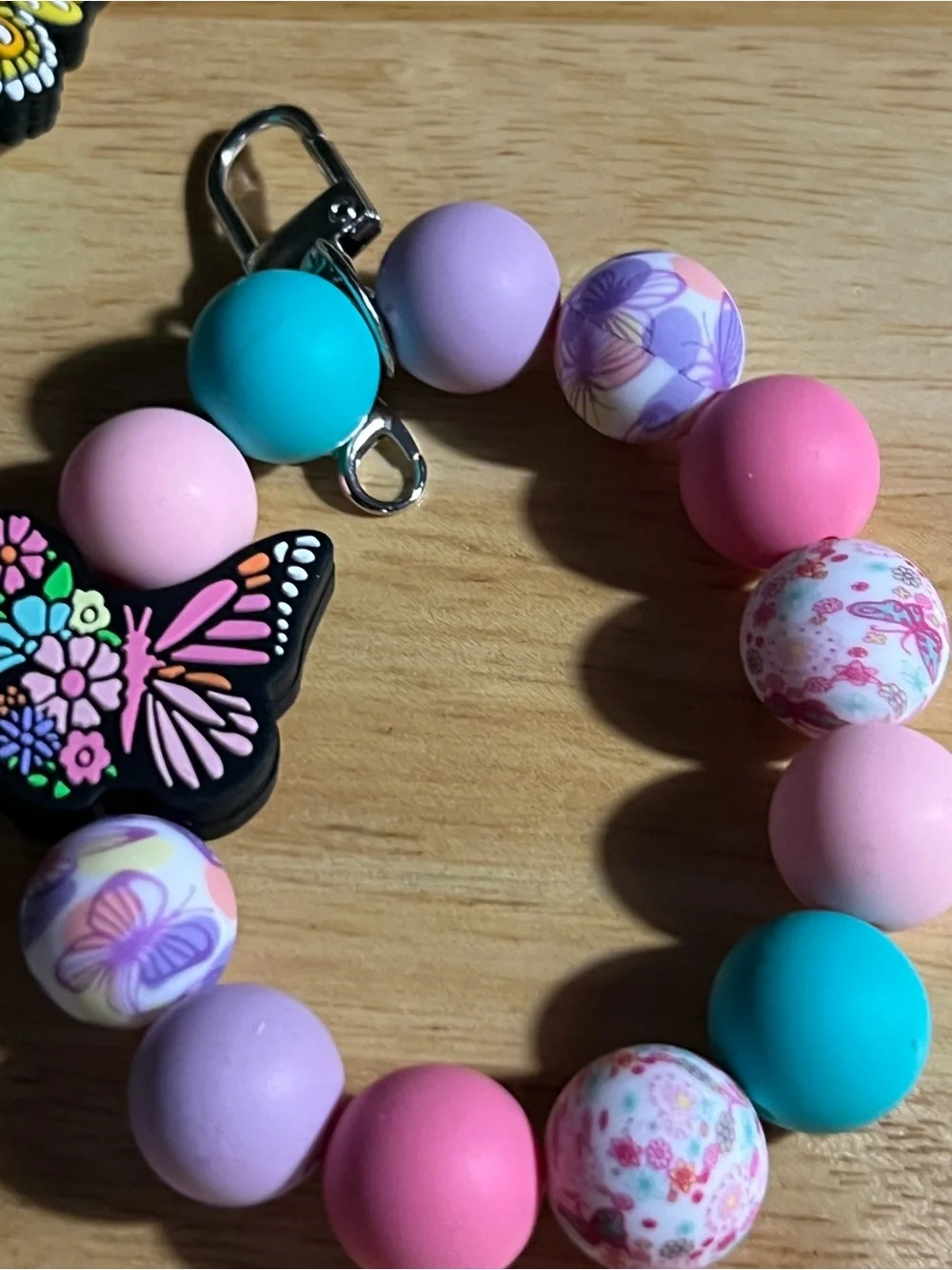 Kids Butterfly Beaded Pacifier Clip - Pink, Purple & Teal B193